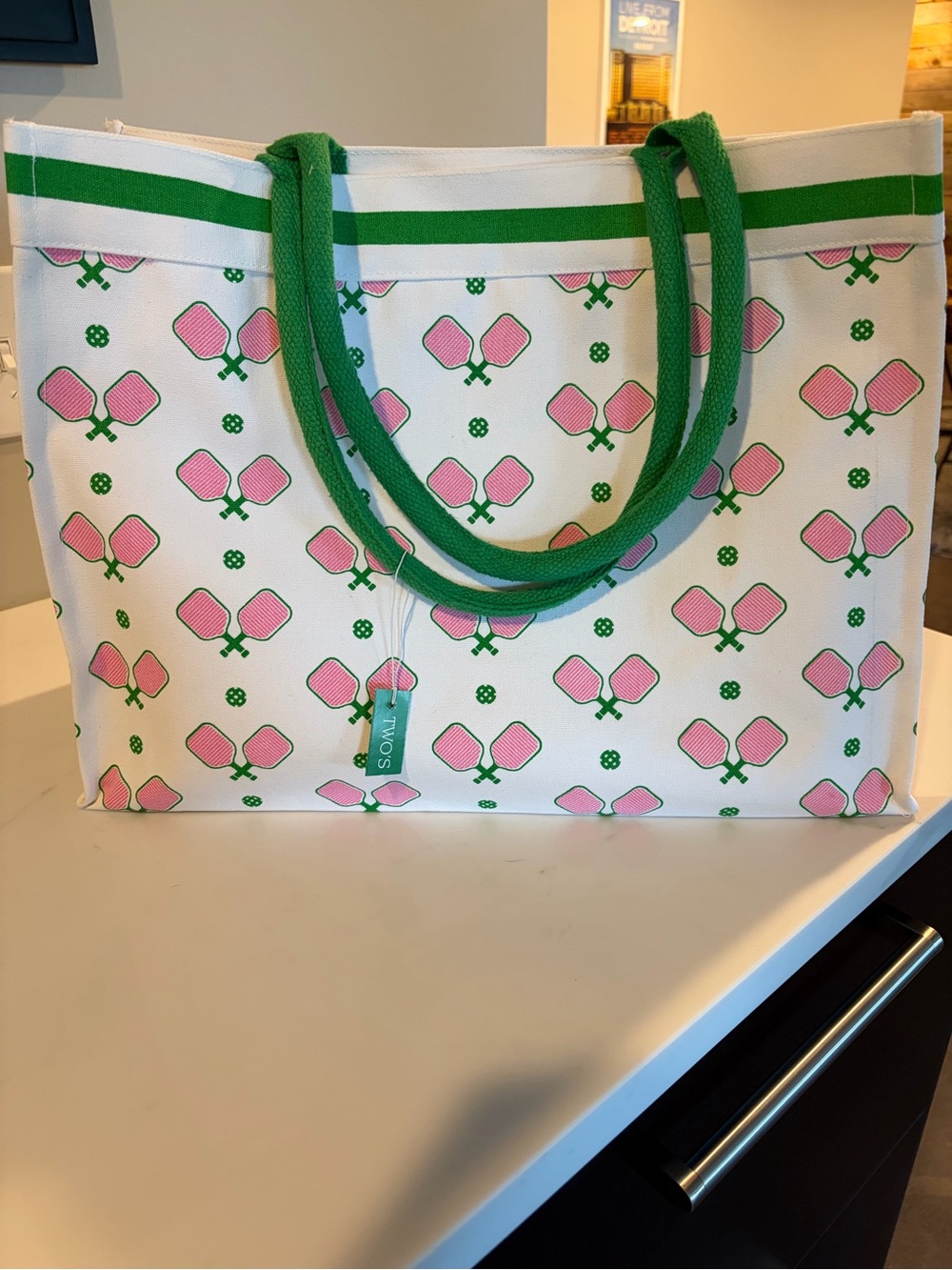 Two’s Company Green & Pink Pickleball Design Canvas Tote Bag NWT